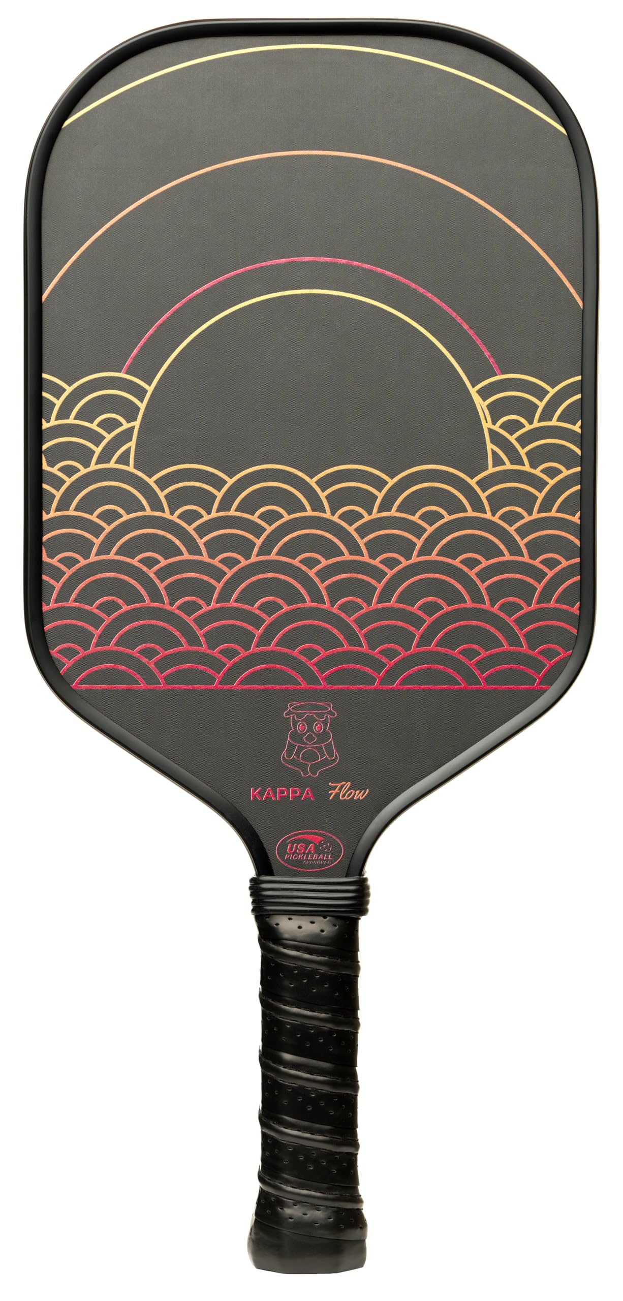 Pickleball paddle with wave pattern design on a black background