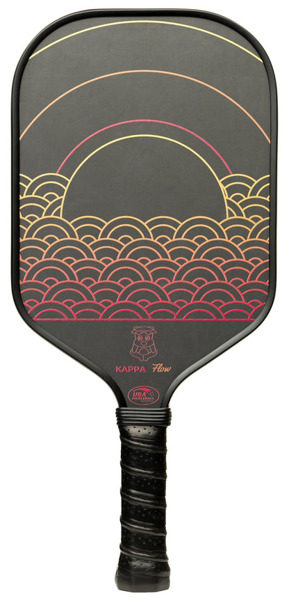 Pickleball paddle with wave pattern design on a black background