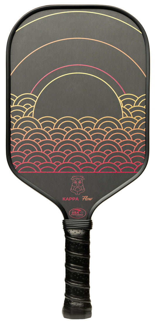 Pickleball paddle with wave pattern design on a black background